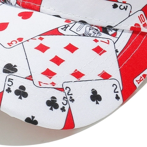 Macro shot of cotton twill baseball cap with detailed poker cards print and double stitching