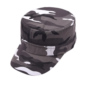 Flat top military cap featuring grey camo pattern and curved brim in cotton twill