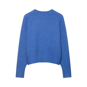 Women's blue crewneck knit cardigan with single-breasted buttons and ribbed cuffs