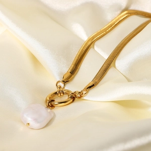 18K gold plated stainless steel snake chain necklace with a square baroque pearl pendant