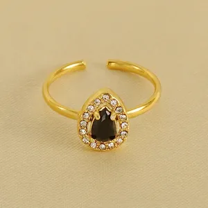 Bague ajustable en acier inoxydable 18K doré avec zircon noir poire et pavé cristal