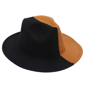Detailed view of the contrast black and brown wool felt fedora with a wide brim and creased crown