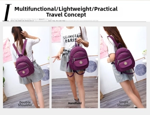 Purple nylon mini backpack showing three versatile carrying ways for travel