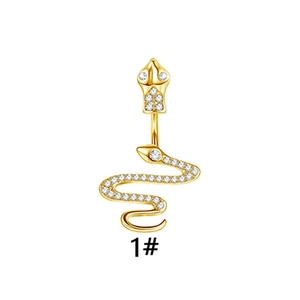 Golden snake belly button ring with sparkling cubic zirconia crystals on white background