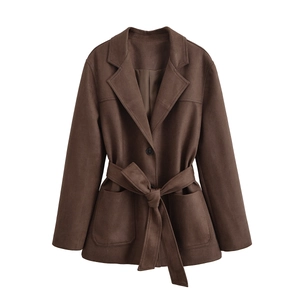 Suede Trench Coat For Women With Belt Lapel Collar Long Sleeves Single Breasted Solid Color Mid Length Jacket