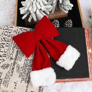 Christmas Bow Ornament Red Velvet And White Faux Fur Large 3D Bowknot For Holiday Tree Wreath Party Decoration Festive