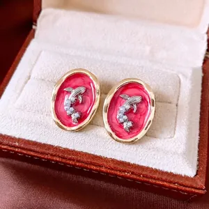 French luxury gold oval earrings with red enamel, fish relief and white pearls