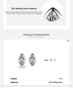 Macro detail of marquise-cut zircon earrings in s925 silver with precise dimensions
