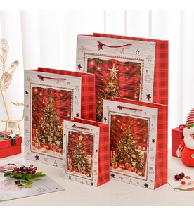 Christmas gift bags in various sizes with festive patterns and sturdy red rope handles