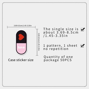 Detailed sizing chart for 50pcs waterproof black and pink Valentine stickers in various shapes