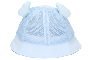 Detail of light blue baby sun hat featuring breathable mesh fabric and cute soft horn ears