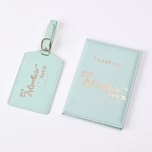 Mint green PU leather passport holder and luggage tag set with rose gold adventure text