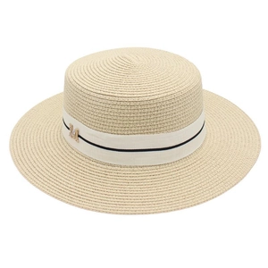 Detail of beige woven boater hat with black striped ribbon and golden M letter buckle