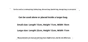 Size guide for striped heart cosmetic bags in small and large dimensions for travel