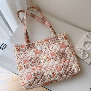 Quilted patchwork floral tote bag with cute rabbit patterns and vintage French label