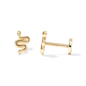 Macro detail of golden snake-shaped S925 sterling silver ear studs with flat back screw design
