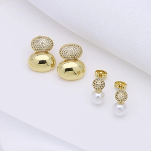18k gold-plated gourd earrings with cubic zirconia pavé and elegant white pearl pendants