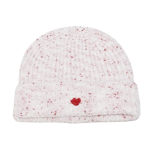 White and red gradient knit beanie with heart embroidery and ribbed cuff for women