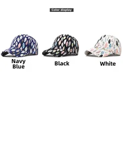 Detailed color display of cotton baseball caps with feather print in navy, black, and white