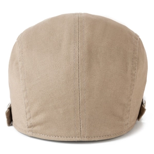 Khaki embroidered striped flat cap with adjustable side buckles and cotton texture