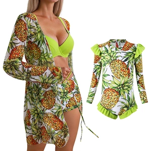 Dreiteiliges Bikini-Set mit Ananas-Print und neon-grünem Langarm-Mesh-Strandkleid