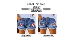 Detail of ripped denim shorts featuring American flag patches and baseball graphic prints