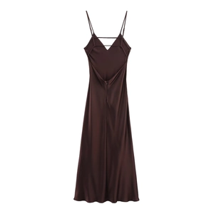 Detailed back view of dark brown satin midi dress with crisscross spaghetti straps