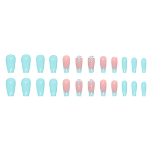 Sky blue and nude pink press-on nails with luxury pearls, rhinestones and glitter finish