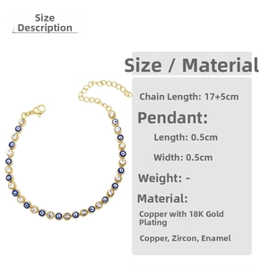 Detailed dimensions of the 18K gold plated evil eye bracelet with 17+5cm chain length