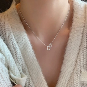 925 Sterling Silver Interlocking Double Ring Necklace Micro Set Cubic Zirconia Geometric Clavicle Chain Jewelry For Women