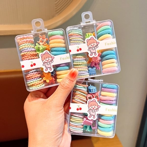 Colorful macaron kids hair accessory set with elastic bands and mini clips in a box