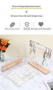 Detailed view of the multi-functional iron jewelry stand with wooden base and metal hooks