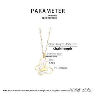 Detailed parameter view of the gold stainless steel butterfly necklace with white shell inlay