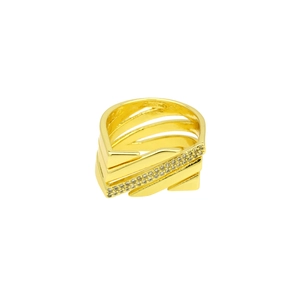 Close-up of gold plated multi-layer ring featuring sparkling cubic zirconia stones