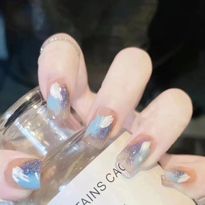 Press On Nails Short Square Round Sky Blue White Marble Gradient Purple Glitter Removable Artificial Fingernails