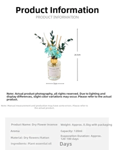 Detailed size specifications for 120ml aromatherapy diffuser with blue dried flowers