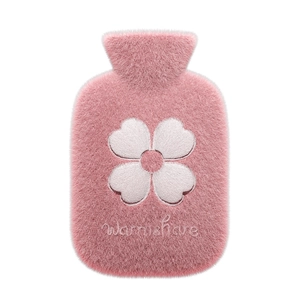 Bouillotte en peluche rose avec fourrure douce et motif trèfle à quatre feuilles brodé