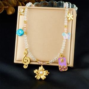 Retro Beaded Pendant Necklace With Butterfly Flower Music Note Sun Tarot Card Charms Stainless Steel Jewelry For Women