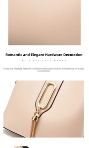 Close-up of beige lychee leather bucket bag with gold hardware and tassel detail