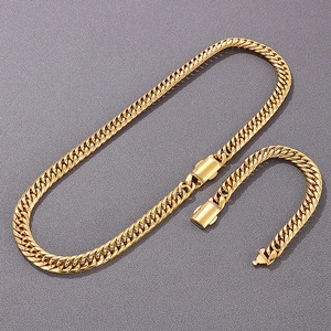 Polished gold stainless steel Cuban link chain necklace and bracelet jewelry set