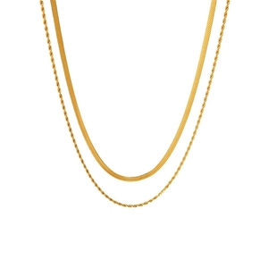 Double-layered gold stainless steel necklace featuring rope and snake chain styles