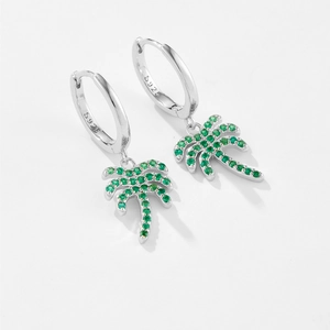 Close-up of S925 sterling silver palm tree earrings with inlaid green zircons
