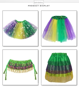 Detail display of four Mardi Gras sequin skirts in green, gold and purple festive colors