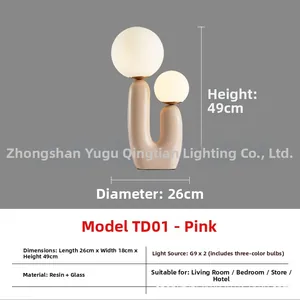 Detail view of pink dual-head resin lamp with frosted glass globes and G9 LED specs