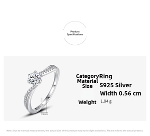 Detail view of S925 silver ring featuring six-prong setting and product measurements
