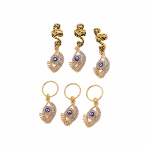 Set da 6 anelli per capelli dorati con ciondolo malocchio blu e strass scintillanti