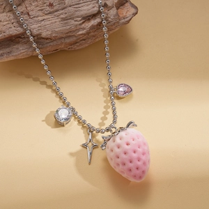 Pink flocking strawberry and zircon heart pendant necklace with silver bead chain