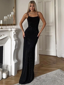 Elegant black sequin evening gown with lace-up back and slim fit floor-length design
