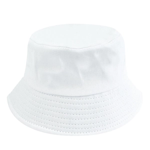 Detailed view of the pure white cotton bucket hat with a minimalist wide brim design