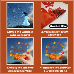 Four-step guide for applying Thanksgiving pumpkin window clings with double-sided view